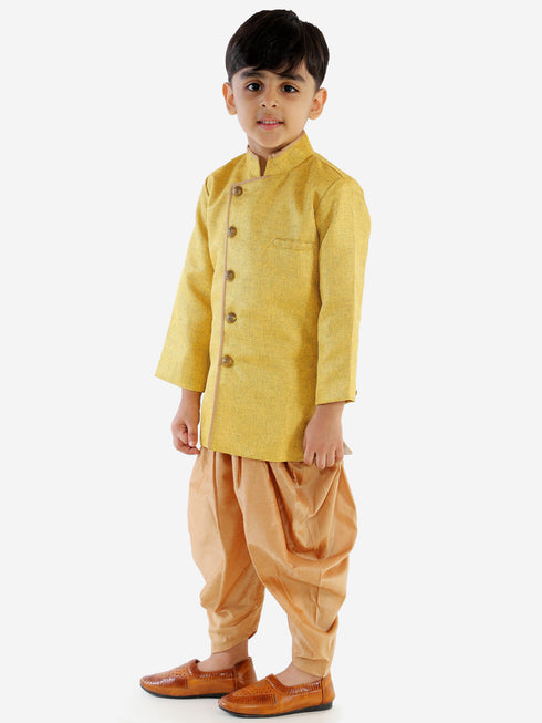 JBN CREATION Boy's Mustard Jute Silk Blend Sherwani Set