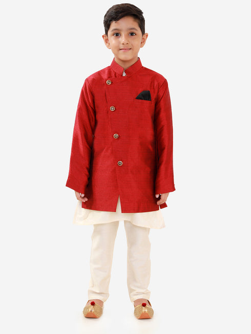 Boy's Maroon Silk Blend Jacket Kurta and Pyjama Set