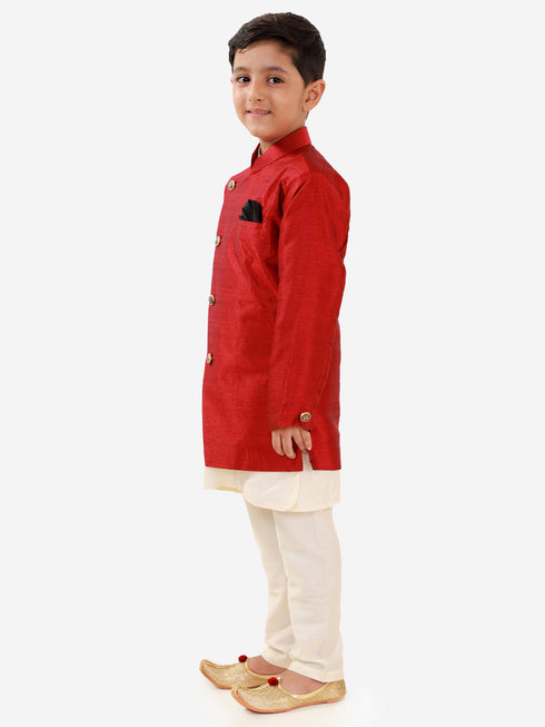 Boy's Maroon Silk Blend Jacket Kurta and Pyjama Set