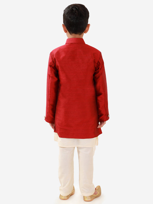 Boy's Maroon Silk Blend Jacket Kurta and Pyjama Set