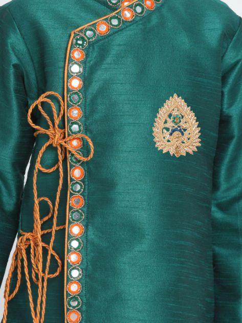 Vastramay Boy's Green Cotton Silk Blend Kurta and Dhoti Set