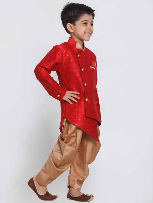 JBN CREATION Boys' Maroon Cotton Silk Blend Kurta and Dhoti Set