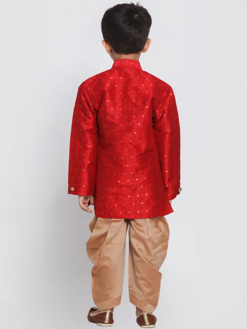 JBN CREATION Boys' Maroon Cotton Silk Blend Kurta and Dhoti Set