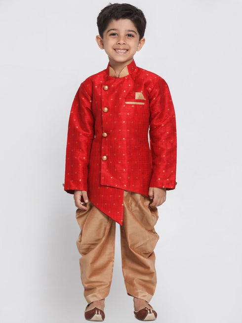 JBN CREATION Boys' Maroon Cotton Silk Blend Kurta and Dhoti Set
