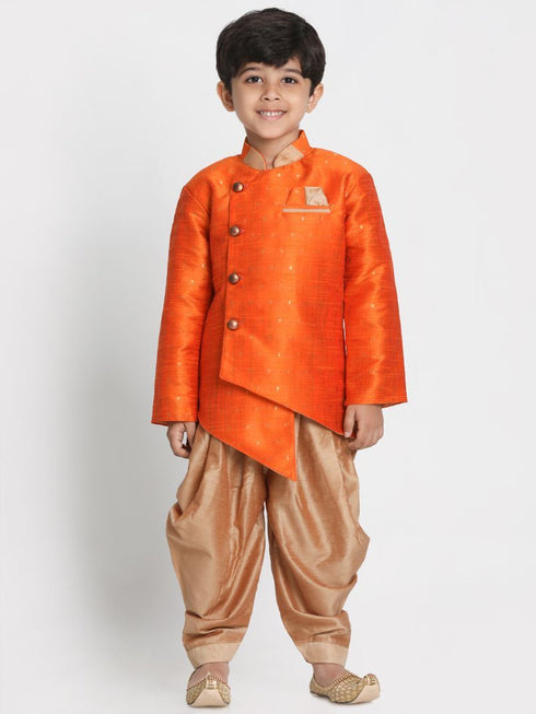 JBN CREATION Boys' Orange Cotton Silk Blend Kurta and Dhoti Set