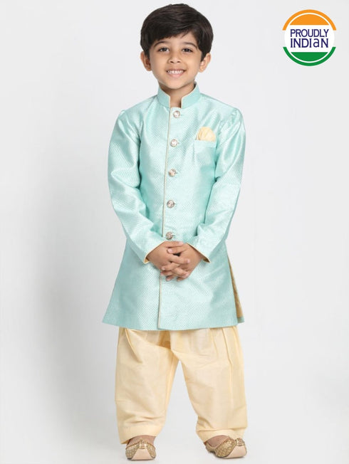 Vastramay Boys' Mint Green Jute Silk Blend Sherwani Set