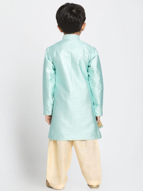 Vastramay Boys' Mint Green Jute Silk Blend Sherwani Set