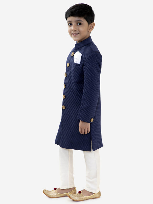 Vastramay Boys Navy Blue Quilted Indowestern Sherwani and Churidar Set