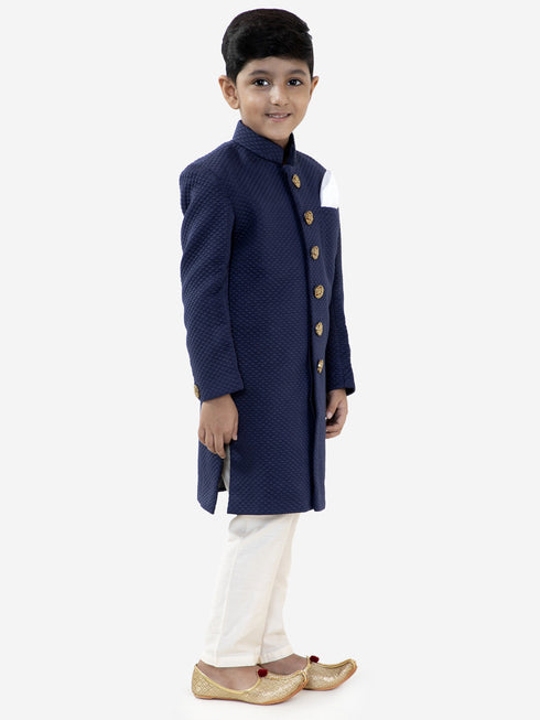 Vastramay Boys Navy Blue Quilted Indowestern Sherwani and Churidar Set