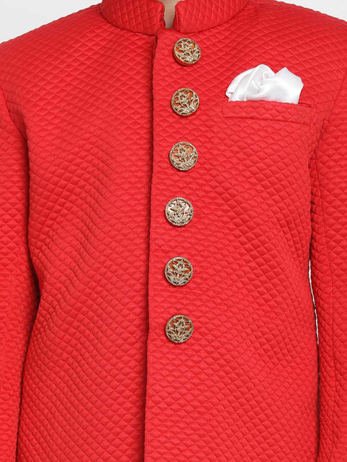 Vastramay Boys Red Quilted Indowestern Sherwani and Churidar Set