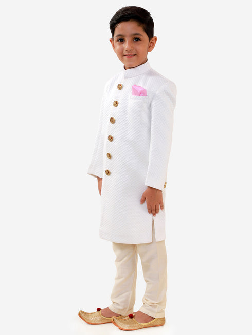Vastramay Boys White Quilted Indowestern Sherwani and Churidar Set
