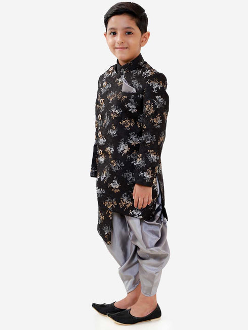 Vastramay Boys Black And Grey Angrakha Style Indowestern Sherwani And Dhoti Set