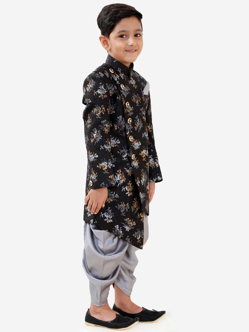 Vastramay Boys Black And Grey Angrakha Style Indowestern Sherwani And Dhoti Set