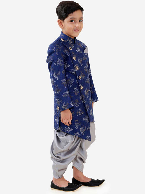 Vastramay Boys Blue And Grey Angrakha Style Indowestern Sherwani And Dhoti Set