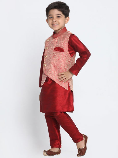Vastramay Boys' Maroon Silk Blend Kurta, Nehru Jacket and Pyjama Set