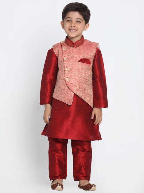Vastramay Boys' Maroon Silk Blend Kurta, Nehru Jacket and Pyjama Set