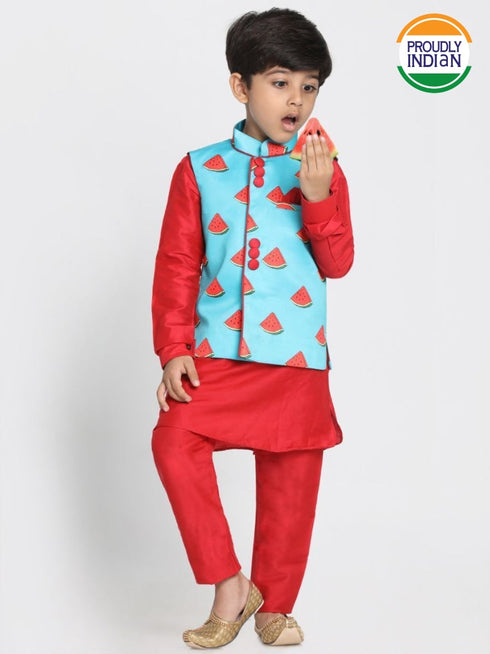 JBN CREATION Boys' Quirky Print Nehru Jacket, Red Kurta And Pyjama Set