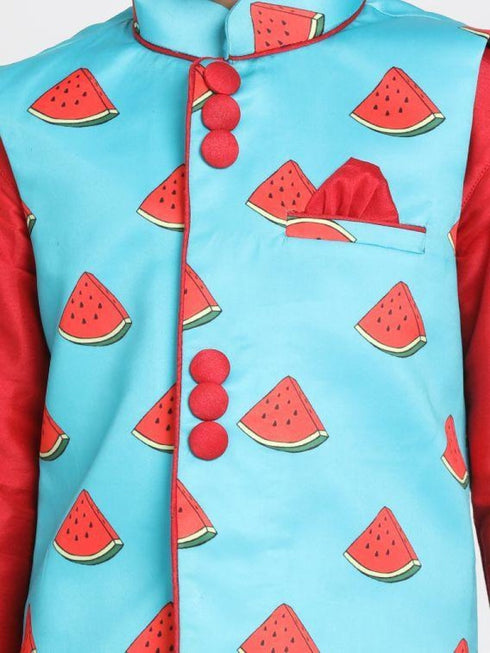 JBN CREATION Boys' Quirky Print Nehru Jacket, Red Kurta And Pyjama Set