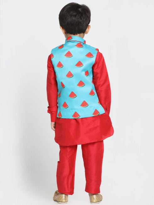 JBN CREATION Boys' Quirky Print Nehru Jacket, Red Kurta And Pyjama Set