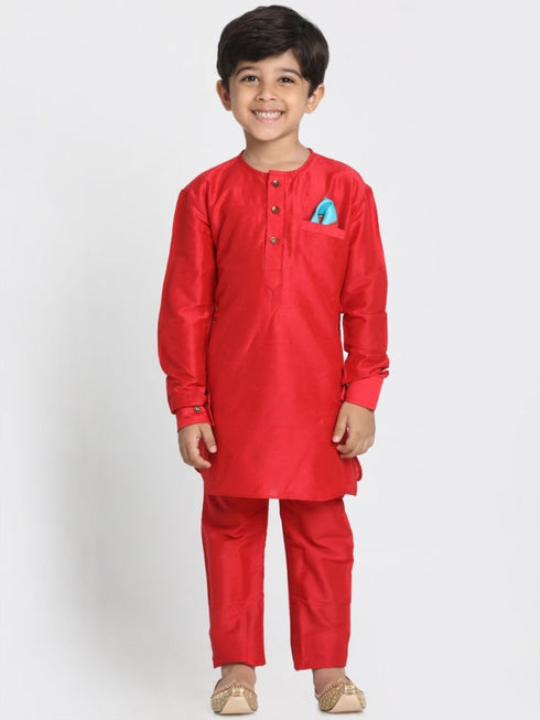 JBN CREATION Boys' Quirky Print Nehru Jacket, Red Kurta And Pyjama Set