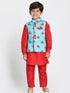 JBN CREATION Boys' Quirky Print Nehru Jacket, Red Kurta And Pyjama Set