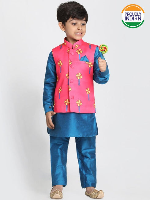 JBN CREATION Boys' Quirky Nehru Jacket, Blue Kurta And Pyjama Set