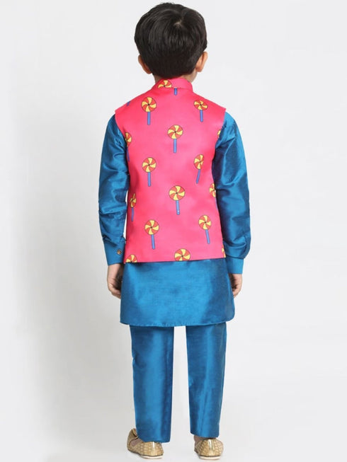 JBN CREATION Boys' Quirky Nehru Jacket, Blue Kurta And Pyjama Set