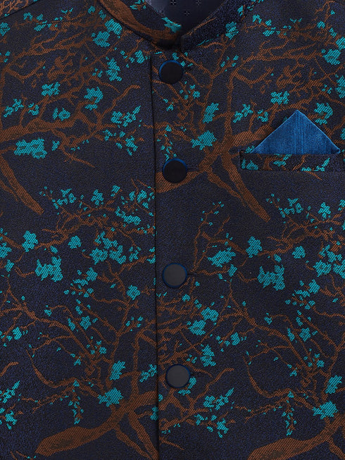 JBN CREATION Boys' Turquoise And Black Jacquard Nehru Jacket