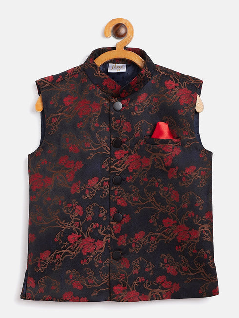 JBN CREATION Boys Maroon And Black Jacquard Nehru Jacket