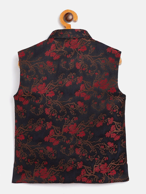 JBN CREATION Boys Maroon And Black Jacquard Nehru Jacket