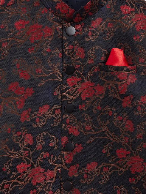 JBN CREATION Boys Maroon And Black Jacquard Nehru Jacket