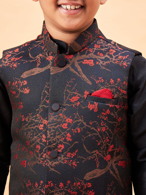 JBN CREATION Boys Maroon Jacquard Jacket With Black kurta and Dhoti Set