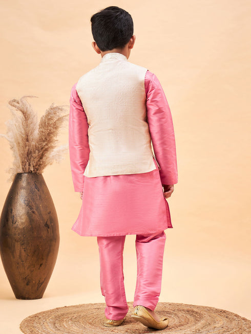Vastramay Boy's Beige Woven Nehru Jacket With Pink Kurta Pyjama Set