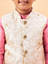 Vastramay Boy's Beige Woven Nehru Jacket With Pink Kurta Pyjama Set