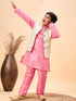 Vastramay Boy's Beige Woven Nehru Jacket With Pink Kurta Pyjama Set