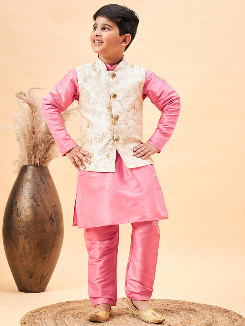 Vastramay Boy's Beige Woven Nehru Jacket With Pink Kurta Pyjama Set