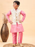 Vastramay Boy's Beige Woven Nehru Jacket With Pink Kurta Pyjama Set
