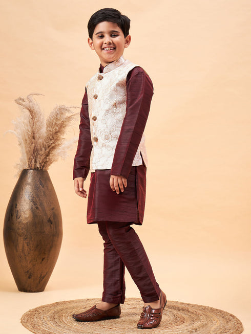 Vastramay Boy's Beige Nehru Jacket With Wine Kurta And Pyjama Set