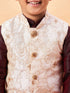 Vastramay Boy's Beige Nehru Jacket With Wine Kurta And Pyjama Set