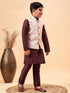 Vastramay Boy's Beige Nehru Jacket With Wine Kurta And Pyjama Set