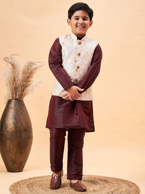 Vastramay Boy's Beige Nehru Jacket With Wine Kurta And Pyjama Set