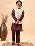 Vastramay Boy's Beige Nehru Jacket With Wine Kurta And Pyjama Set