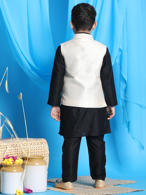 Vastramay Boy's Beige Embroidered Nehru Jacket With Black Kurta Pyjama Set