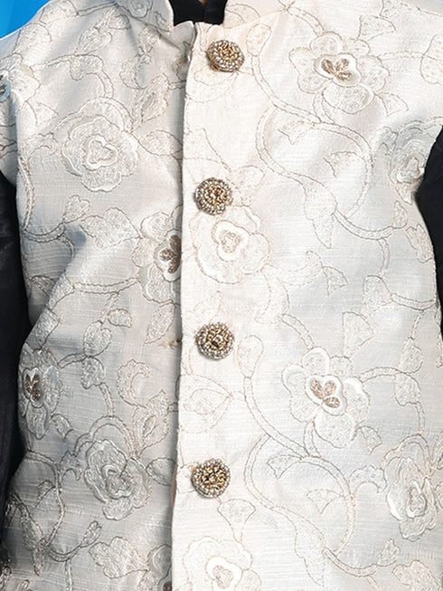 Vastramay Boy's Beige Embroidered Nehru Jacket With Black Kurta Pyjama Set