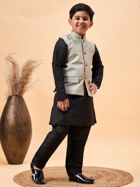Vastramay Boy's Beige Woven Nehru Jacket With Black Kurta Pyjama Set