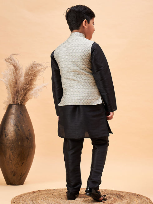Vastramay Boy's Beige Woven Nehru Jacket With Black Kurta Pyjama Set