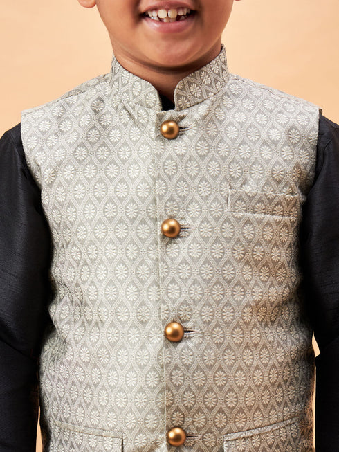 Vastramay Boy's Beige Woven Nehru Jacket With Black Kurta Pyjama Set