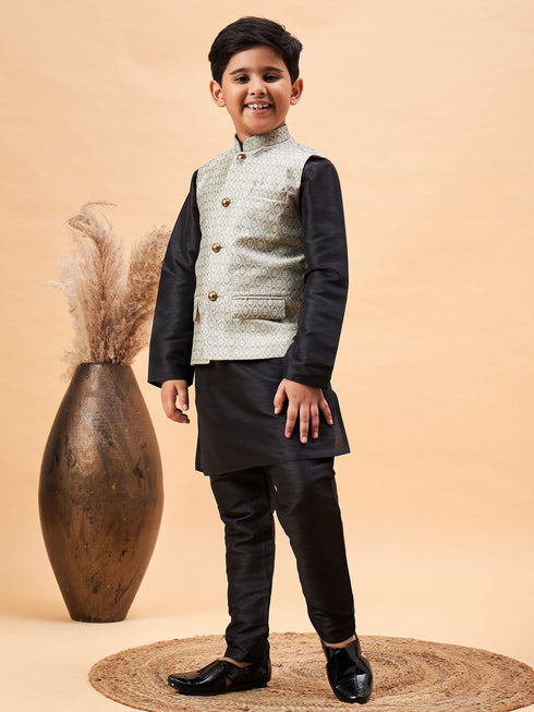 Vastramay Boy's Beige Woven Nehru Jacket With Black Kurta Pyjama Set