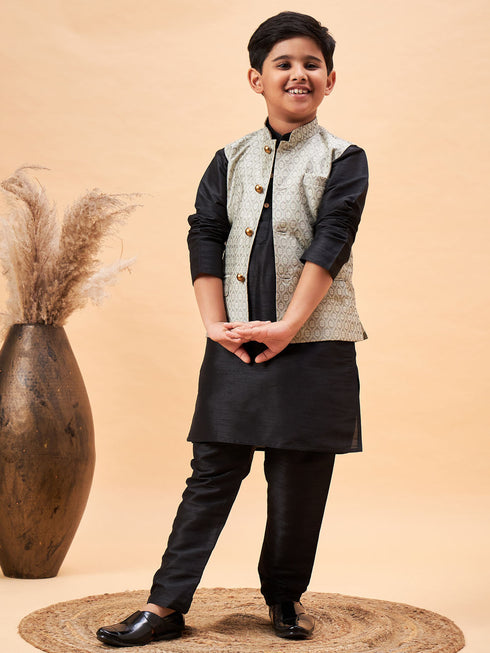 Vastramay Boy's Beige Woven Nehru Jacket With Black Kurta Pyjama Set