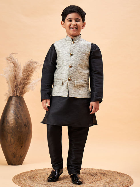 Vastramay Boy's Beige Woven Nehru Jacket With Black Kurta Pyjama Set